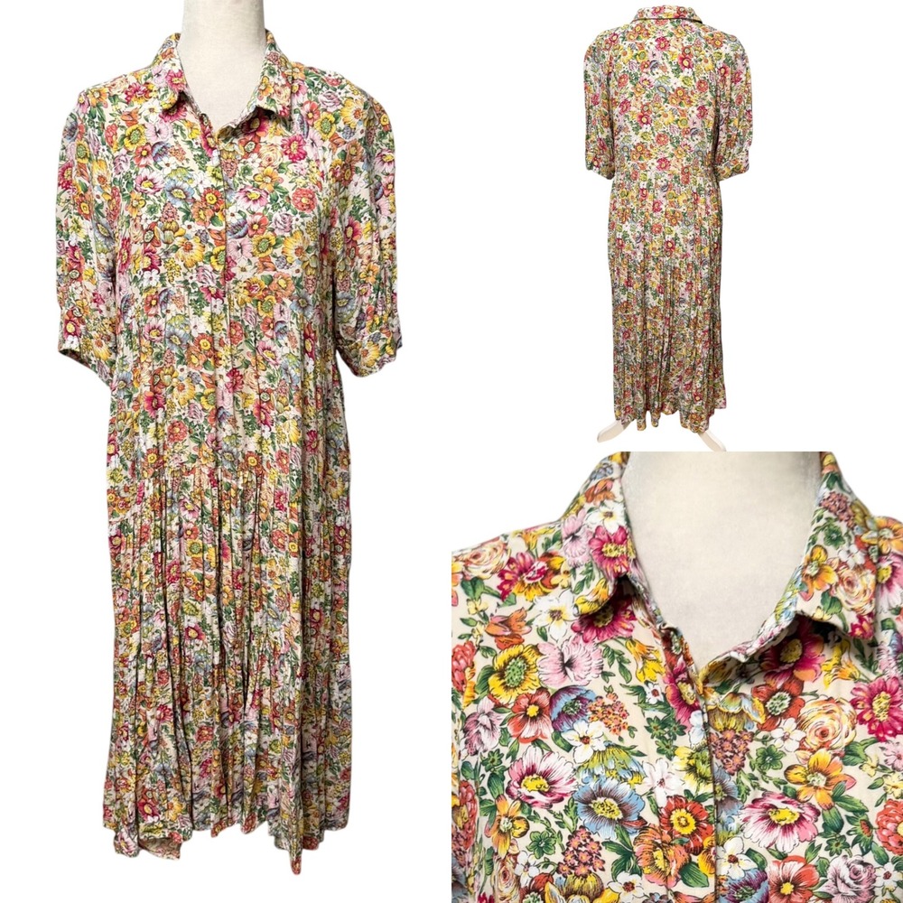 Natural Life Dress Womens M Floral Boho Rayon Button Front Tiered Maxi Pockets